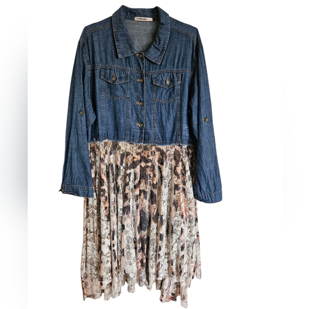 Origami Women's Denim & Floral Lace Jacket/ Duster  Size 2X